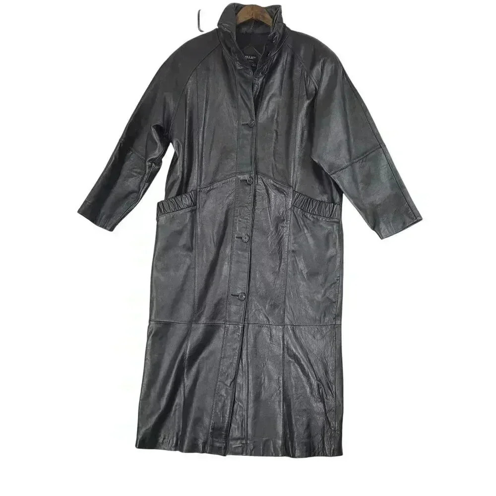 EUC Vintage Pelle New York Milano Black 100% Leather Long Coat Women's M  5CT
